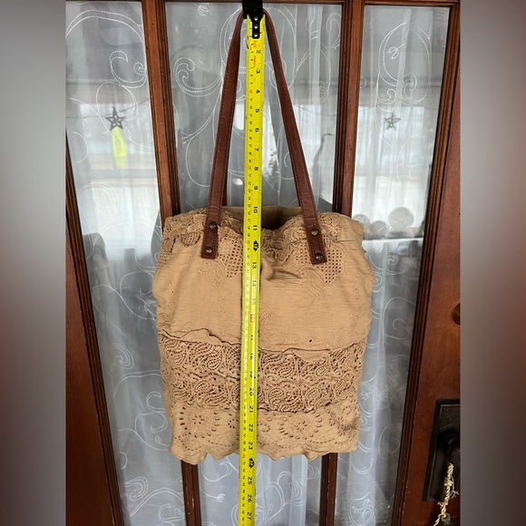 Free People Carmel Tan Lace Tote Bag Purse Boho Cottagecore Lagenlook - Picture 8 of 16